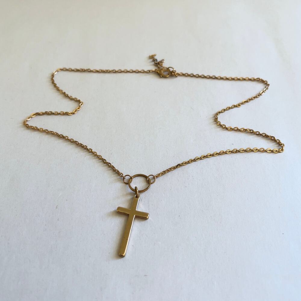 Gold Tone Cross Necklace Religious Catholic Imagery 20" Chain
